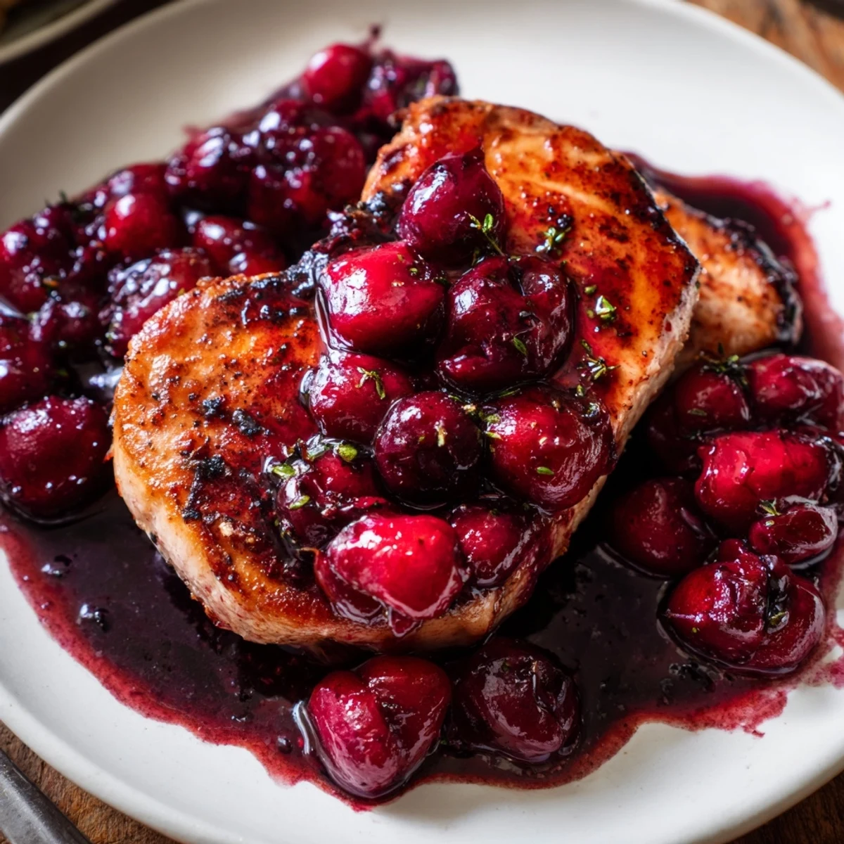 Golden-brown pork chops glistening under a layer of luscious, tangy cherry sauce in this easy recipe.