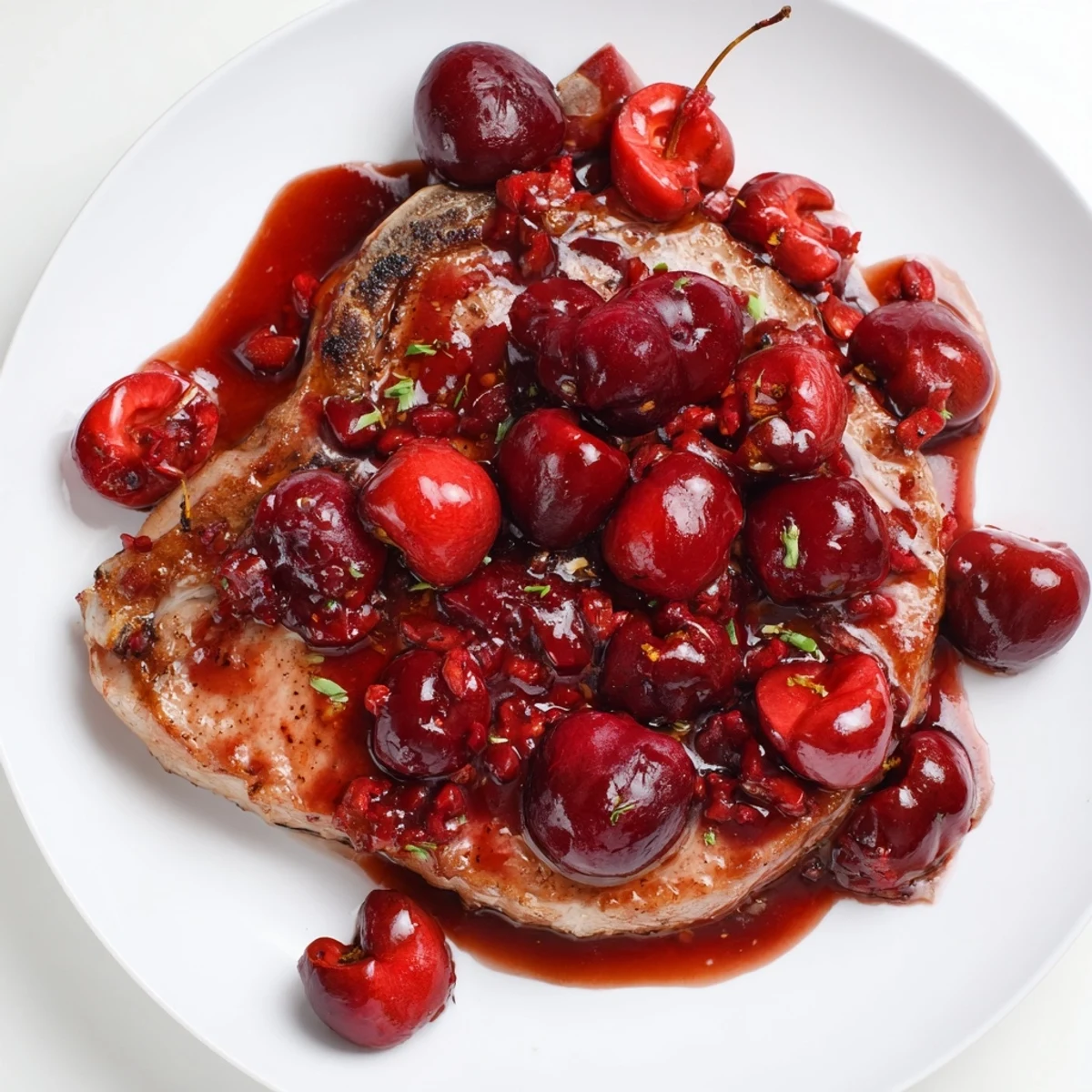 Savory and sweet, juicy Tangy Cherry Sauce Glazed Pork Chops, served with a rich, ruby-red sauce.