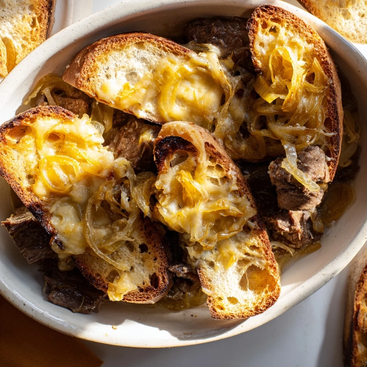 A comforting photo of a bubbling French Onion Pot Roast Casserole, perfect for a cozy weeknight dinner.