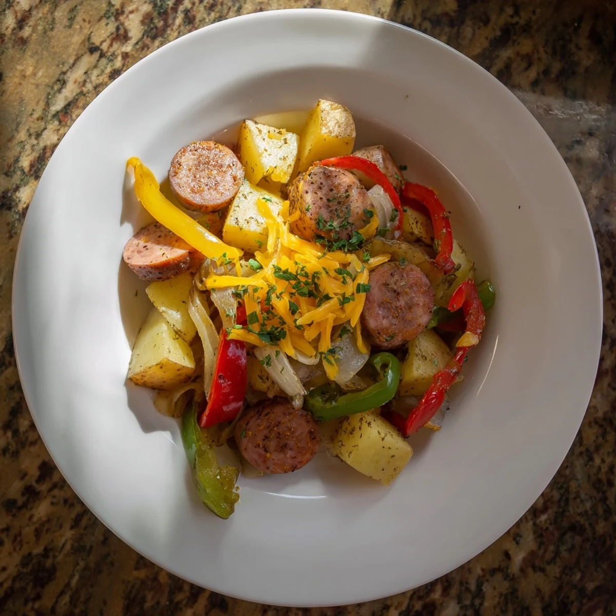 One-Pot Kielbasa and Potato Bake, a flavorful, steaming skillet meal with browned potatoes.
