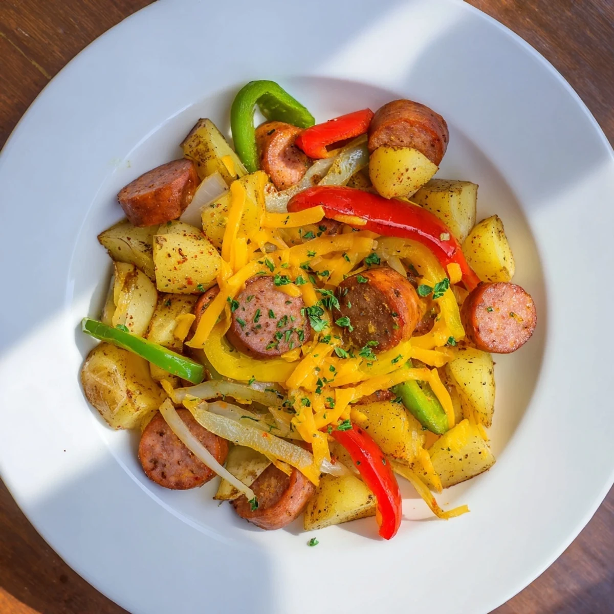 Golden, bubbly One-Pot Kielbasa and Potato Bake; served and ready for a delicious, comforting dinner.
