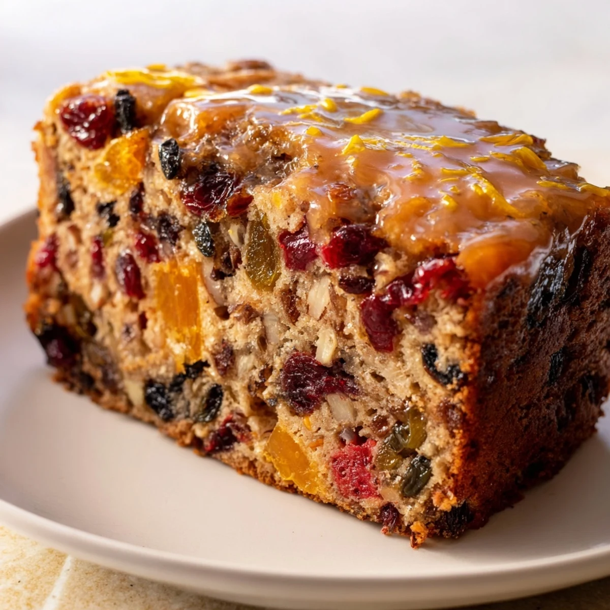 Moist Easy Glazed Christmas Fruit Loaf Cake with glistening citrus glaze, perfect for holiday gatherings.