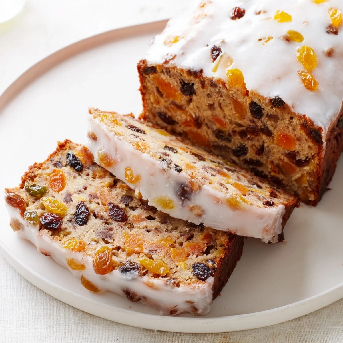 Golden-brown Easy Glazed Christmas Fruit Loaf Cake, studded with fruit, fresh from the oven, ready to slice.