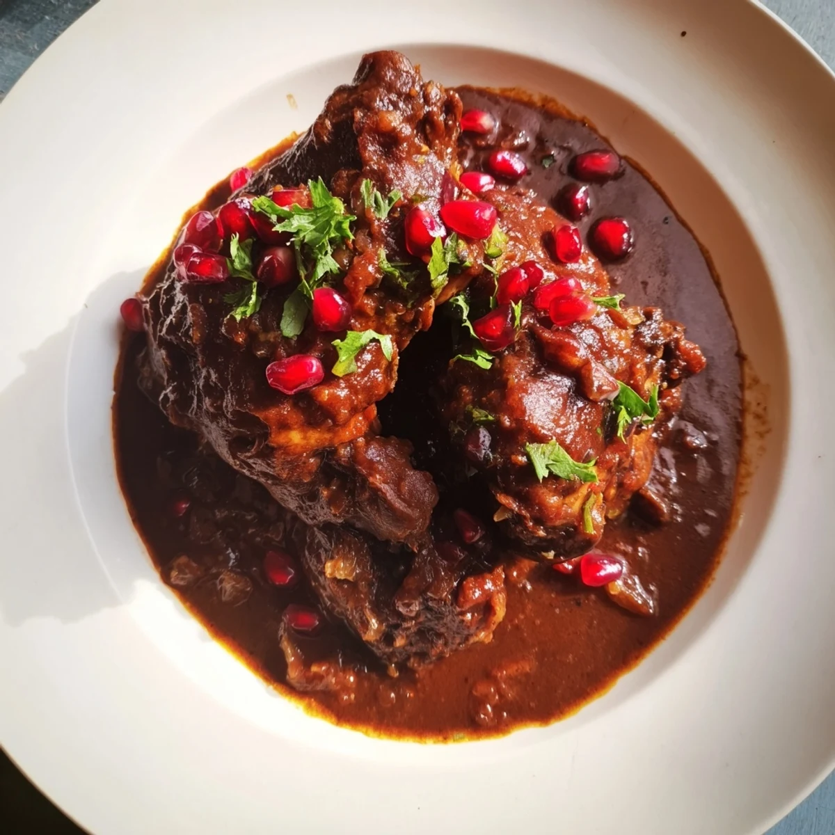 A steaming bowl of Fesenjan, showcasing rich, dark sauce coating tender chicken thighs for a hearty meal.