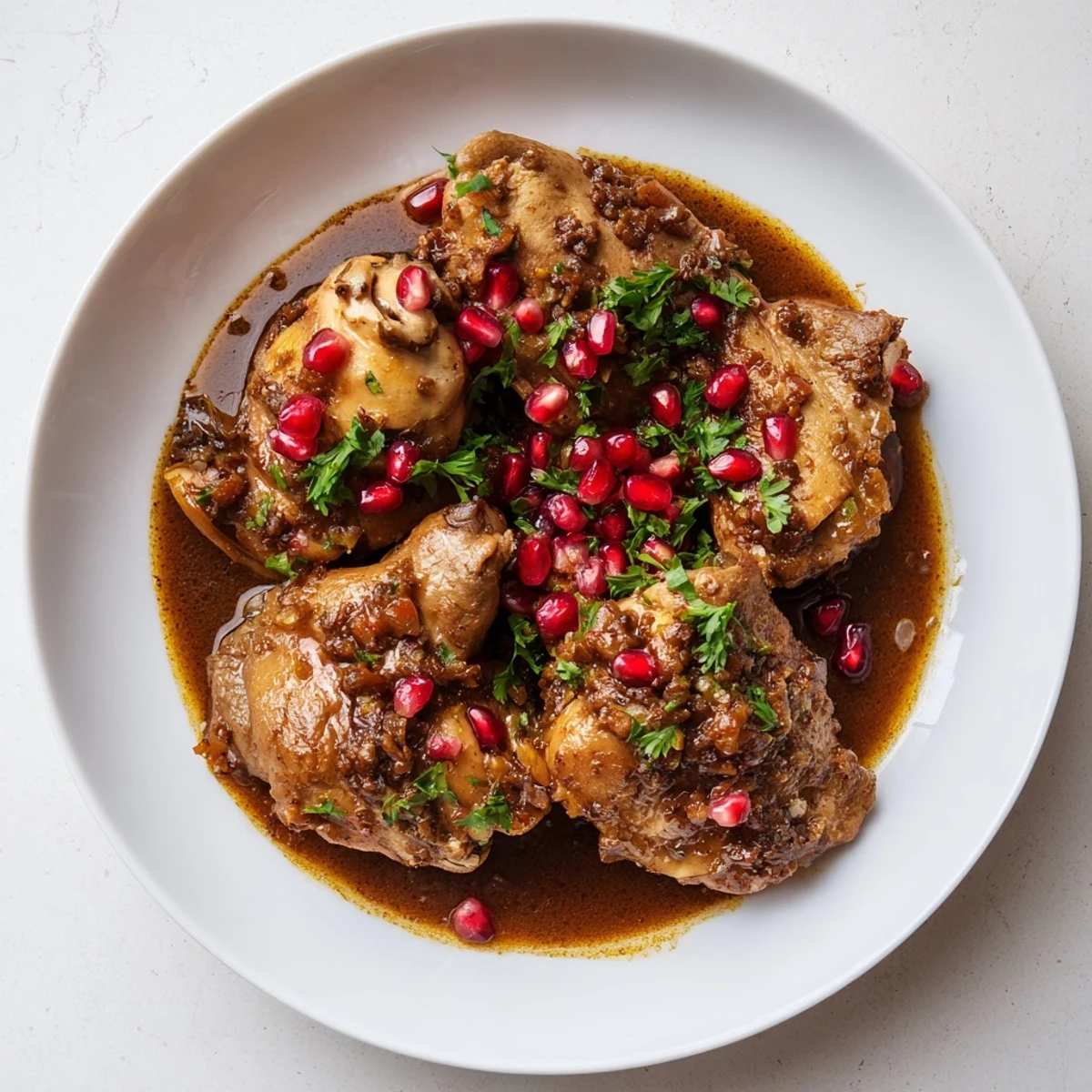 Close-up of golden Fesenjan, Persian chicken and walnut stew, garnished with vibrant pomegranate seeds.