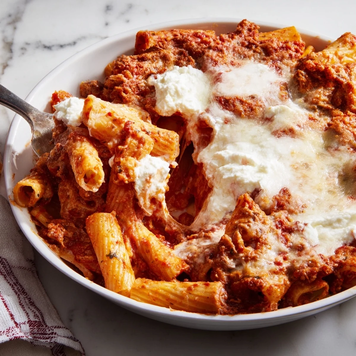 Warm and cheesy slow cooker baked ziti, bubbling with gooey mozzarella and rich marinara sauce.