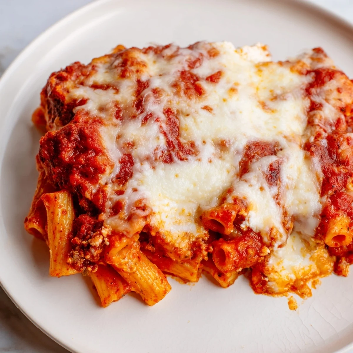 A generous serving of 5-ingredient slow cooker baked ziti, perfect for a comforting Italian dinner.