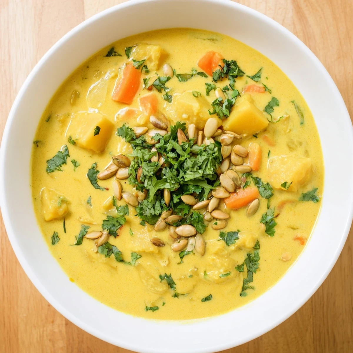A steaming bowl of vibrant Curry Comfort Potato Soup, a vegetarian delight, perfectly spiced.