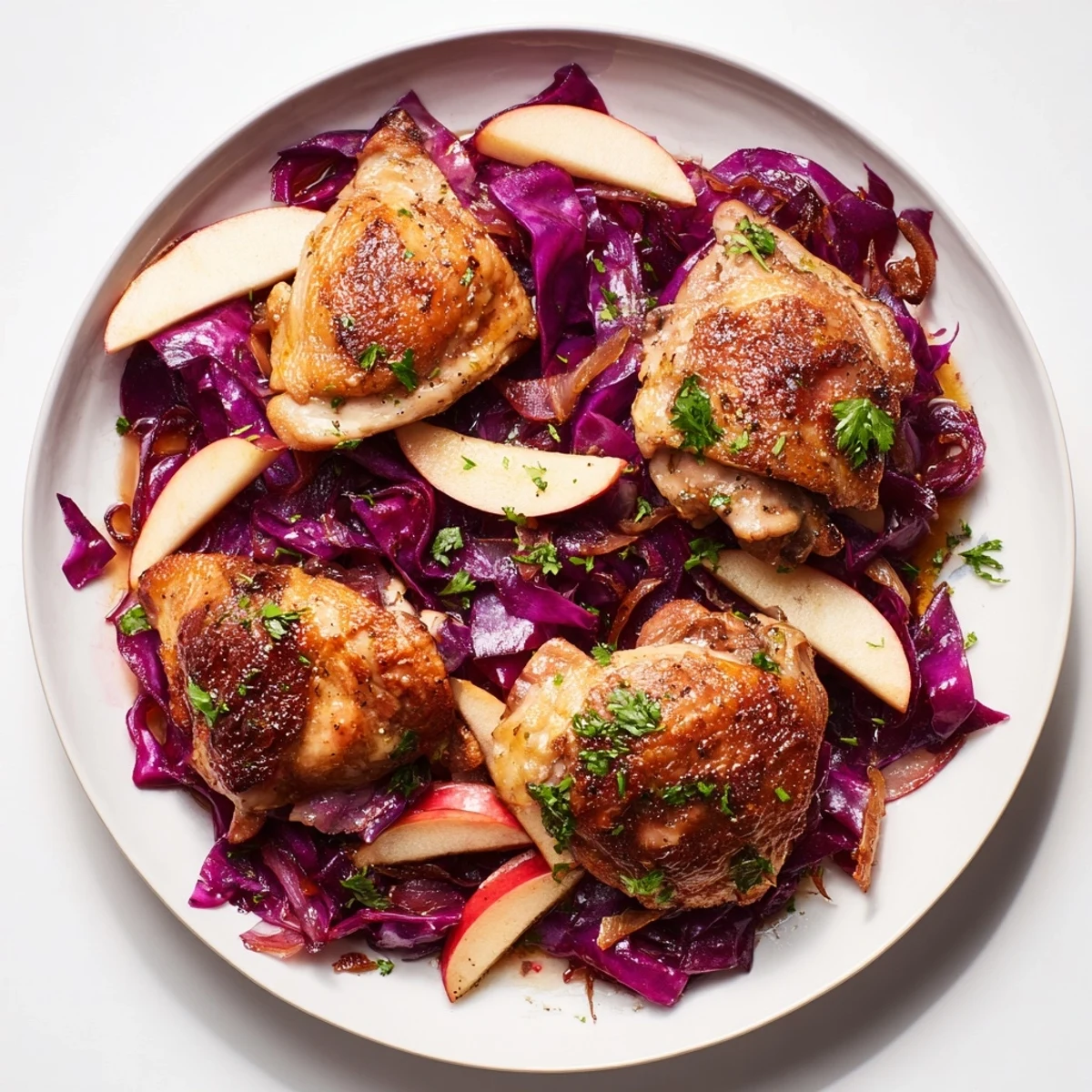 Golden-skinned Oktoberfest Chicken and Red Cabbage Bake, bubbly in a Dutch oven with tender chicken.