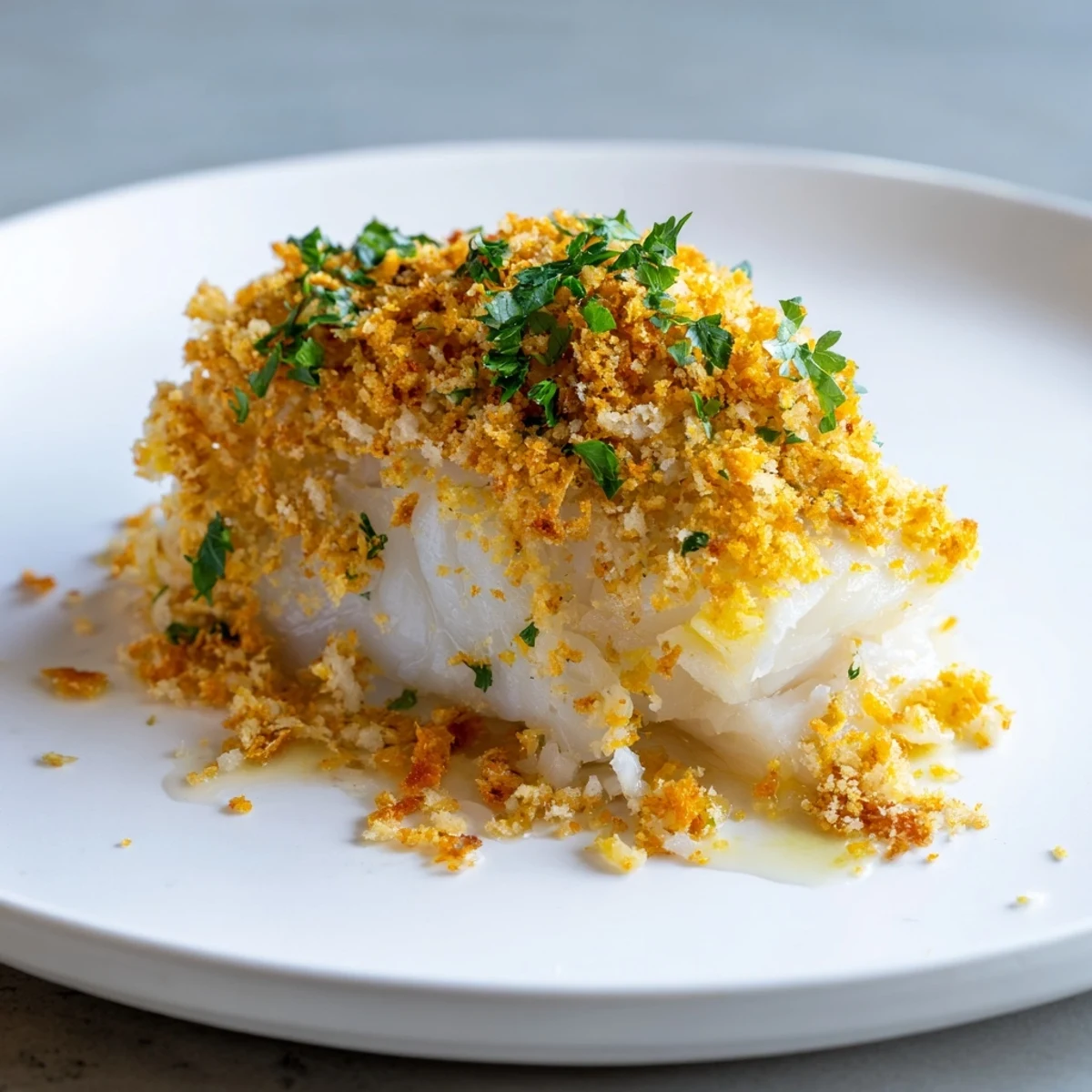Golden brown baked cod with crispy Ritz cracker topping, ready to serve with lemon wedges.