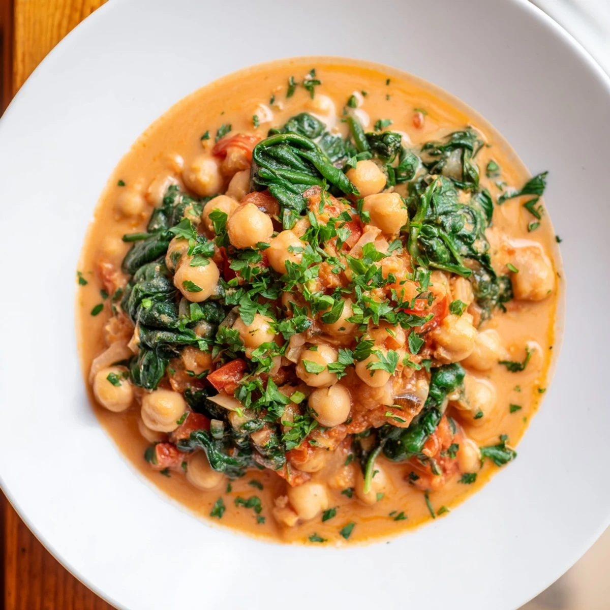 Steaming bowl of creamy garbanzos with spinach; a hearty vegetarian Spanish stew.