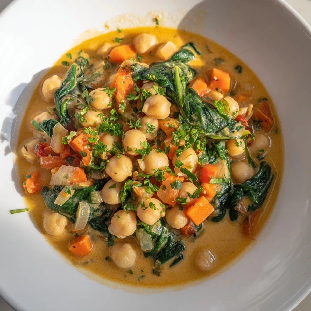 Close up shows vibrant spinach in creamy garbanzos, garnished with fresh parsley.