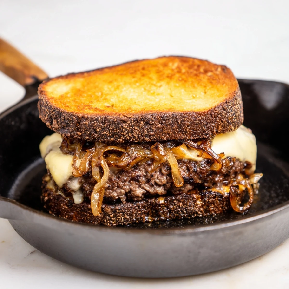 Golden-brown cast-iron patty melts with melted Swiss cheese, juicy beef, and caramelized onions, ready to eat.