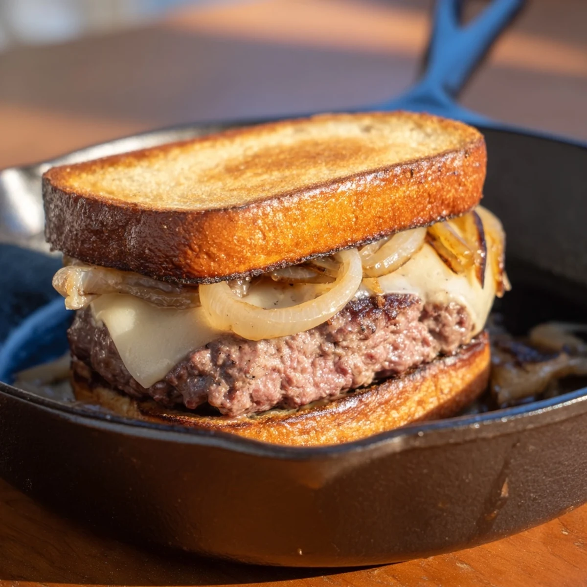 Close-up of a perfectly griddled cast-iron patty melt showcasing the layers of cheese and beef filling.