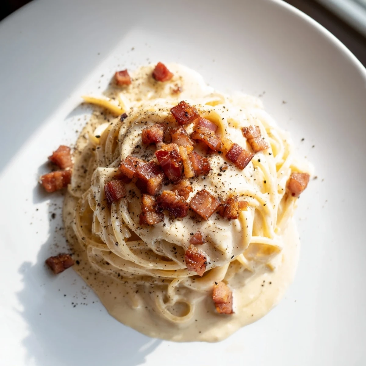 Bowl of creamy 15-Minute Creamy Carbonara Hack, glistening with parmesan cheese and bits of crispy bacon.