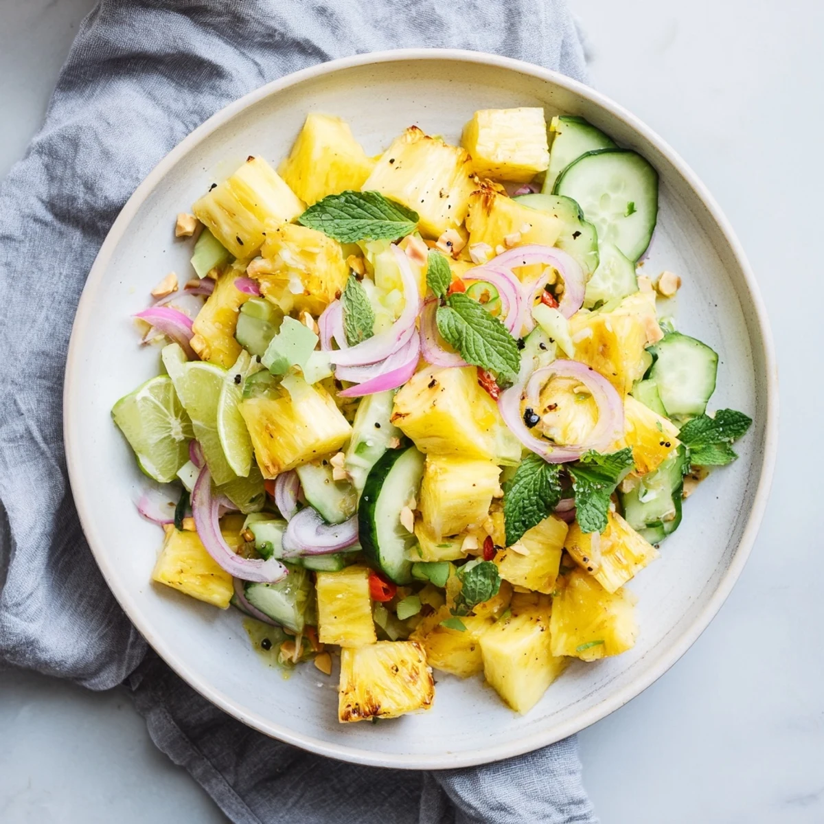 Bright, tropical Viral Pineapple & Cucumber Salad with a zesty lime dressing and fresh cilantro, visually appealing.