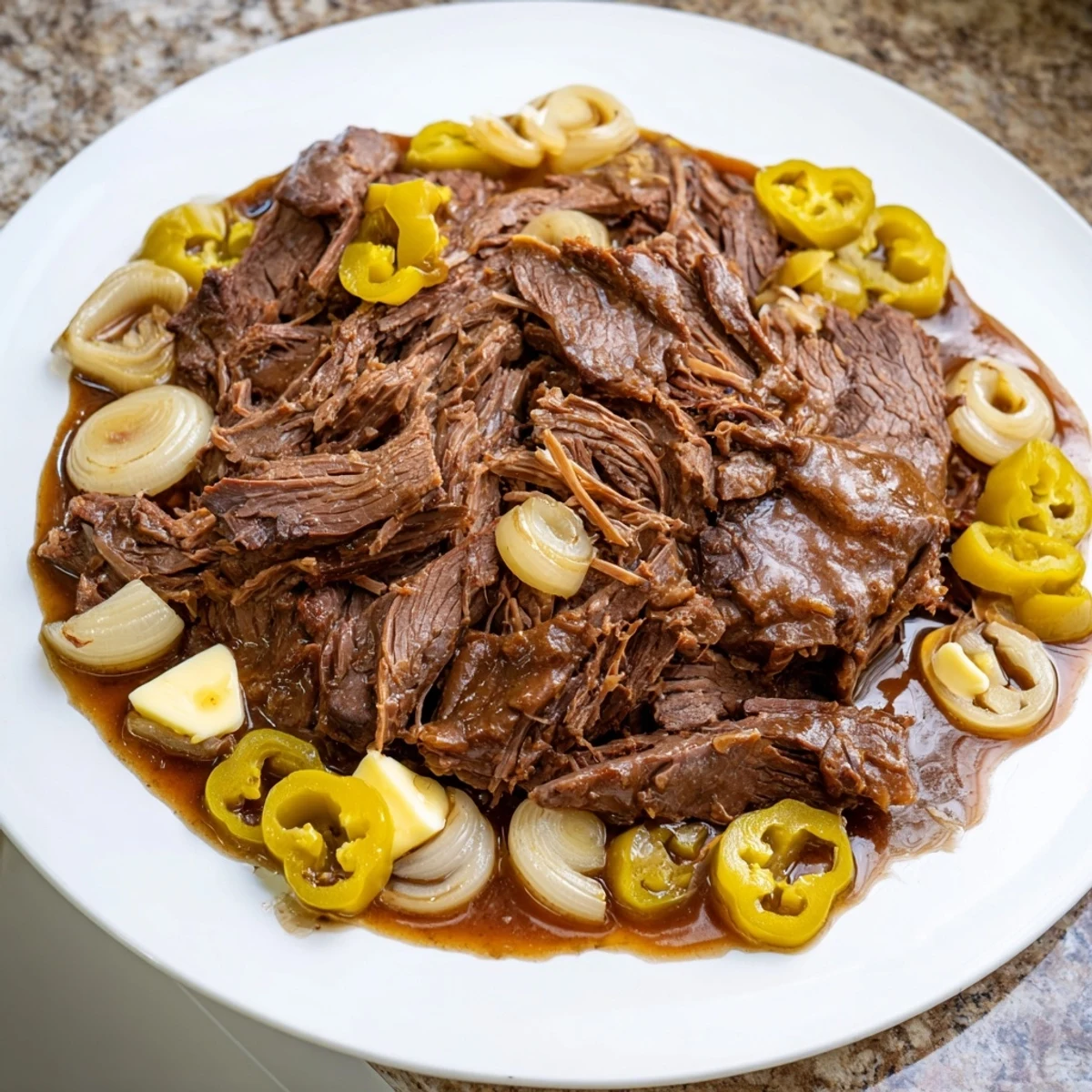 Tender, shredded Instant Pot Zippy Mississippi Pot Roast, perfect served over creamy mashed potatoes.