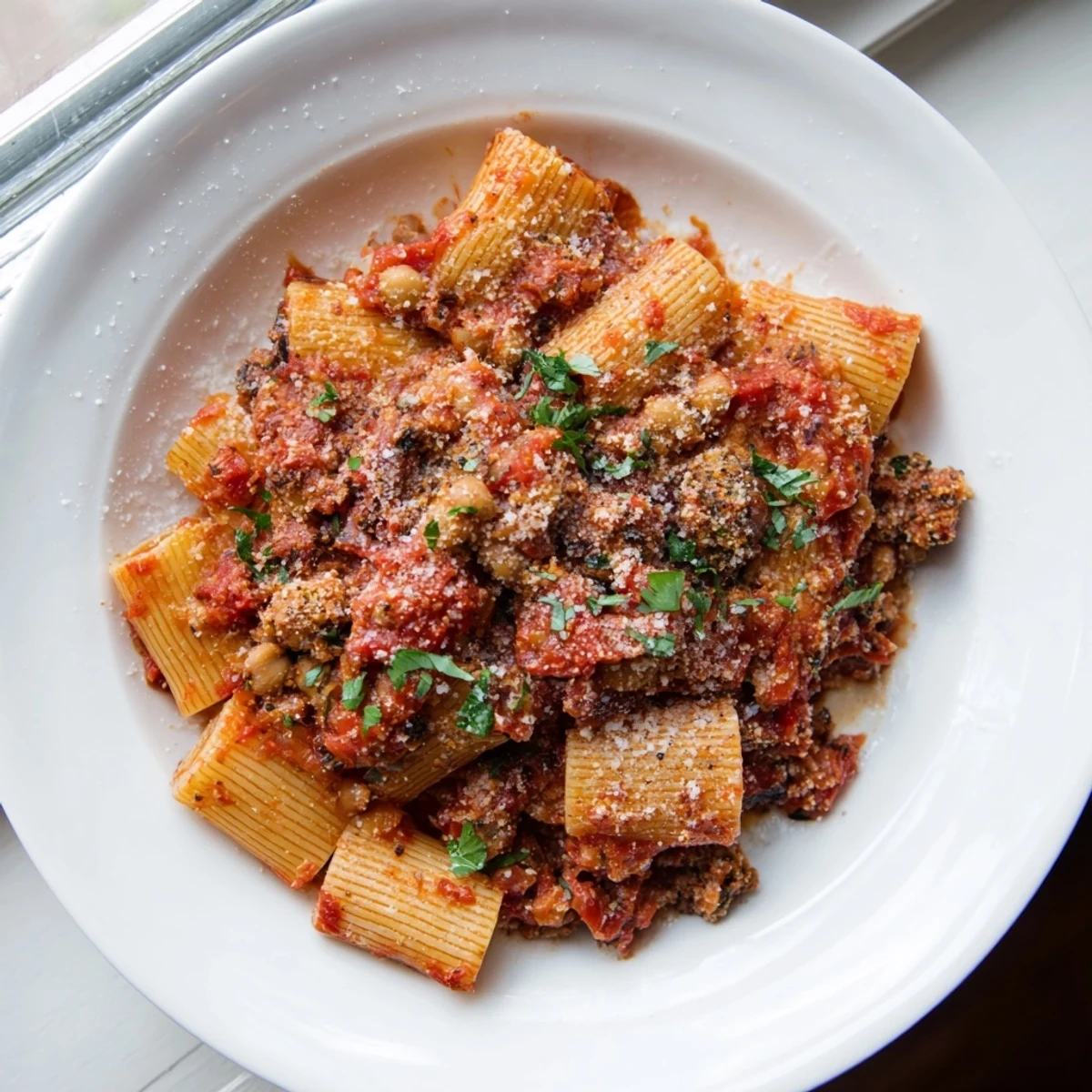 A vibrant photo shows Spicy Arrabbiata Roasted Chickpea Crunch Pasta, ready to be served and enjoyed.