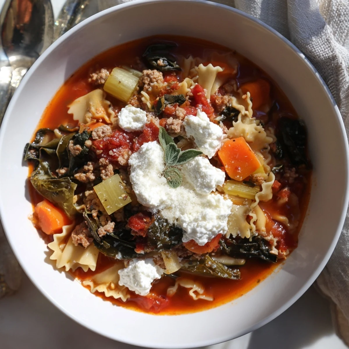 Hearty Healthy Lasagna Soup ladled into bowls, topped with creamy cheese, ready to warm you.