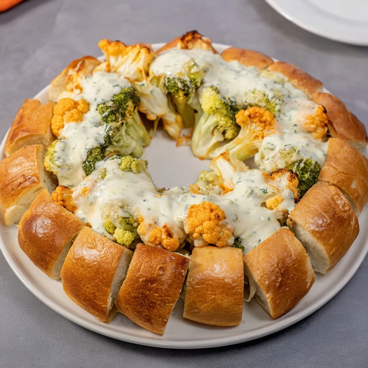 A stack of warm Buffalo Cauliflower Ranch Grilled Cheese, ready to eat, with melted cheese and toasted bread.