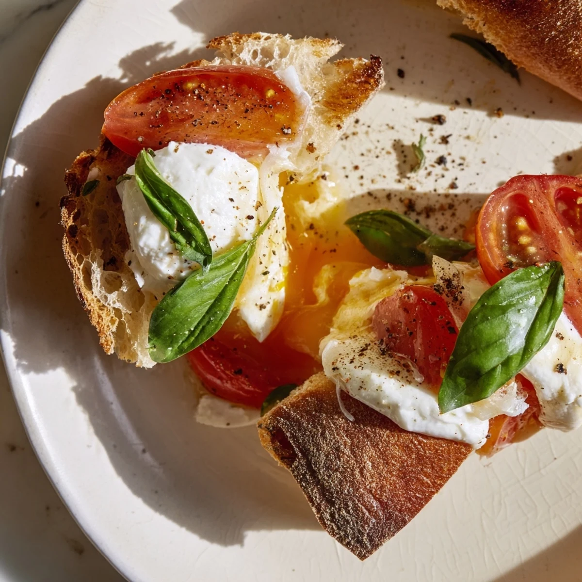 Golden, bubbly Tomato Basil Burrata Stuffed Grilled Cheese, oozing with creamy burrata and fresh basil.