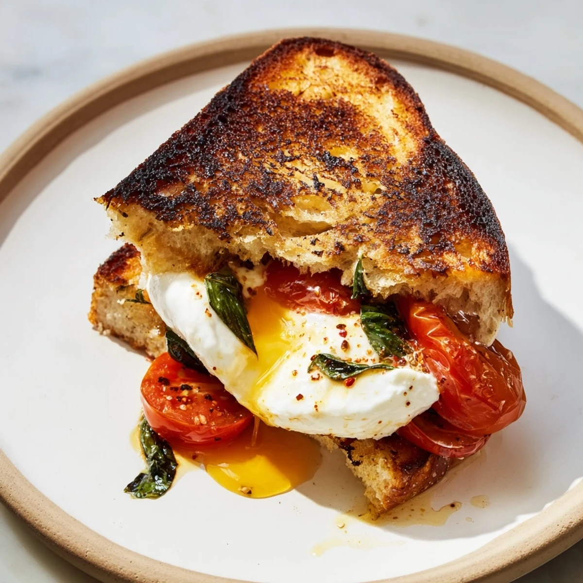 Buttery sourdough holds the savory Tomato Basil Burrata Stuffed Grilled Cheese, a delightful vegetarian sandwich ready to eat.