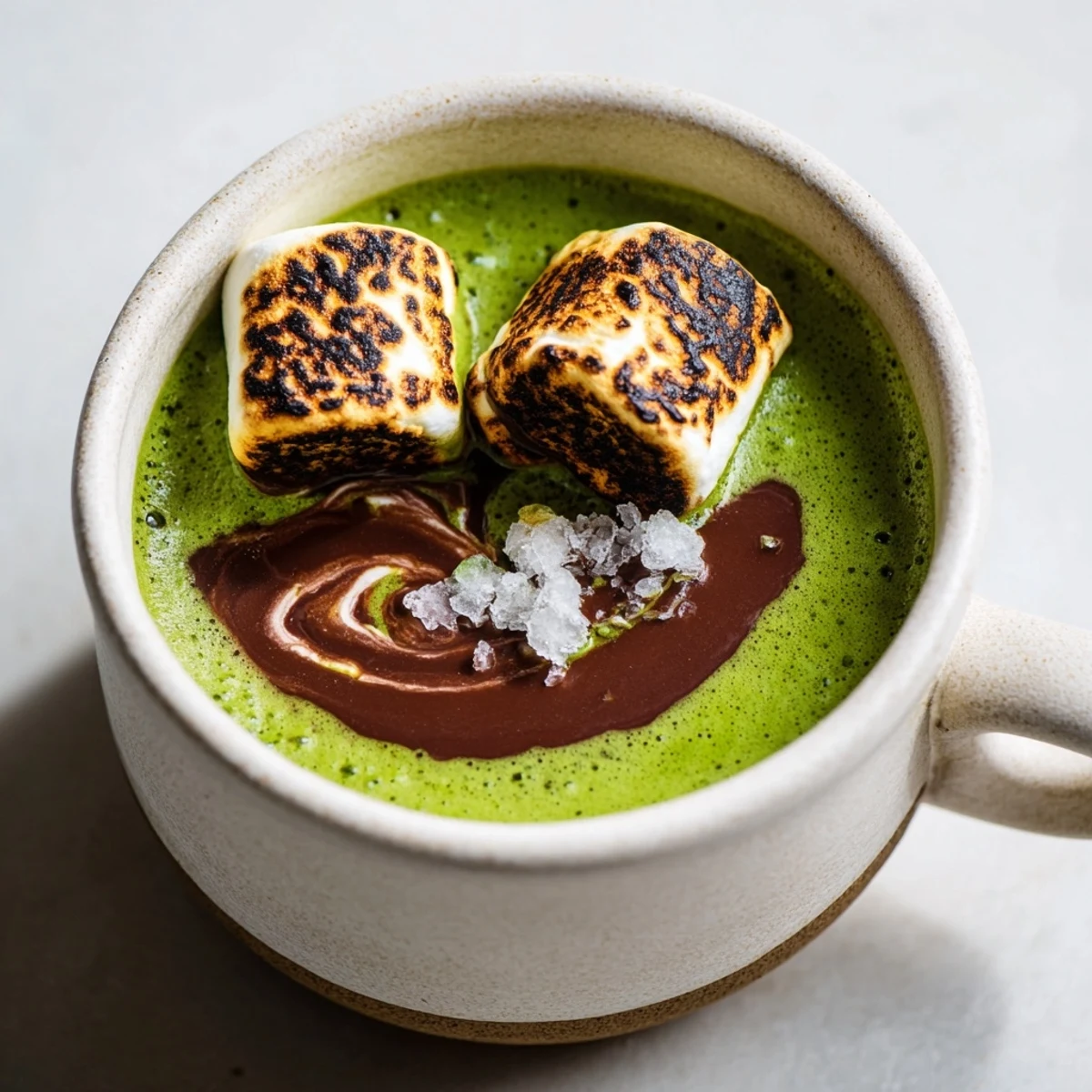 Steaming mug of Toasted Marshmallow Campfire Matcha Hot Cocoa has perfectly browned toasted marshmallows.