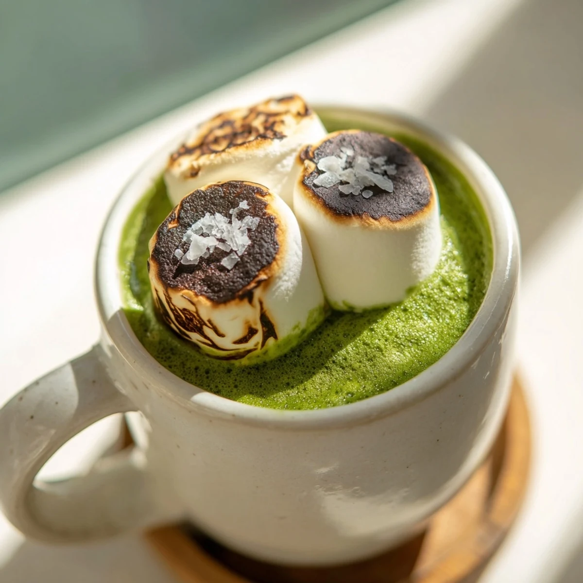 Enjoy a decadent mug of Toasted Marshmallow Campfire Matcha Hot Cocoa with melted chocolate and a toasted marshmallow.