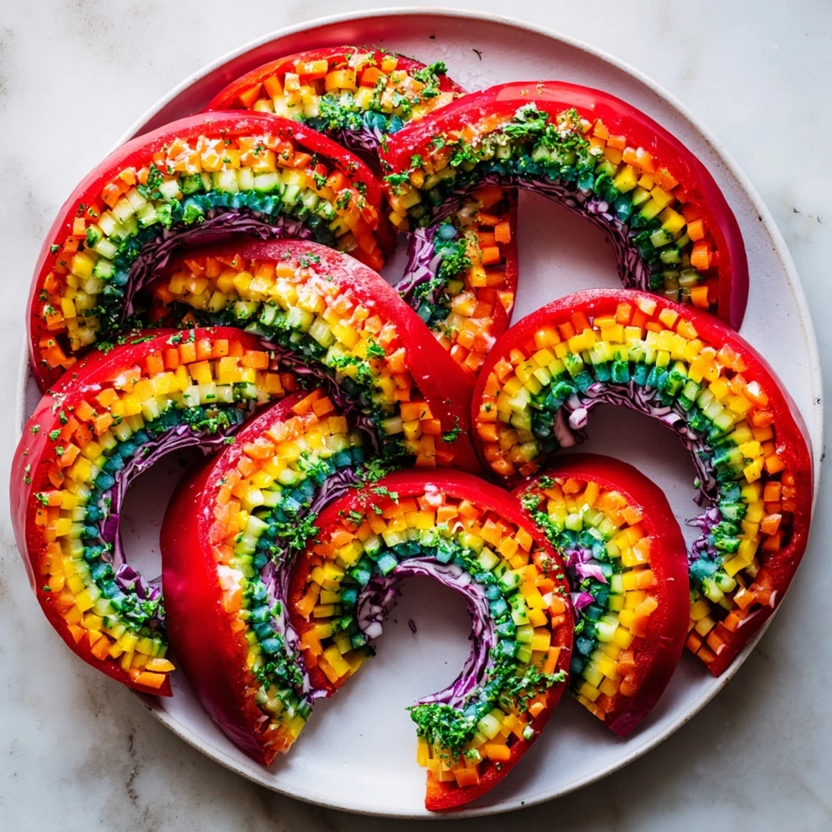 Bright Rainbow Veggie Christmas Lights Wrap Pinwheels, showcasing a party platter with festive veggie spirals ready to eat.