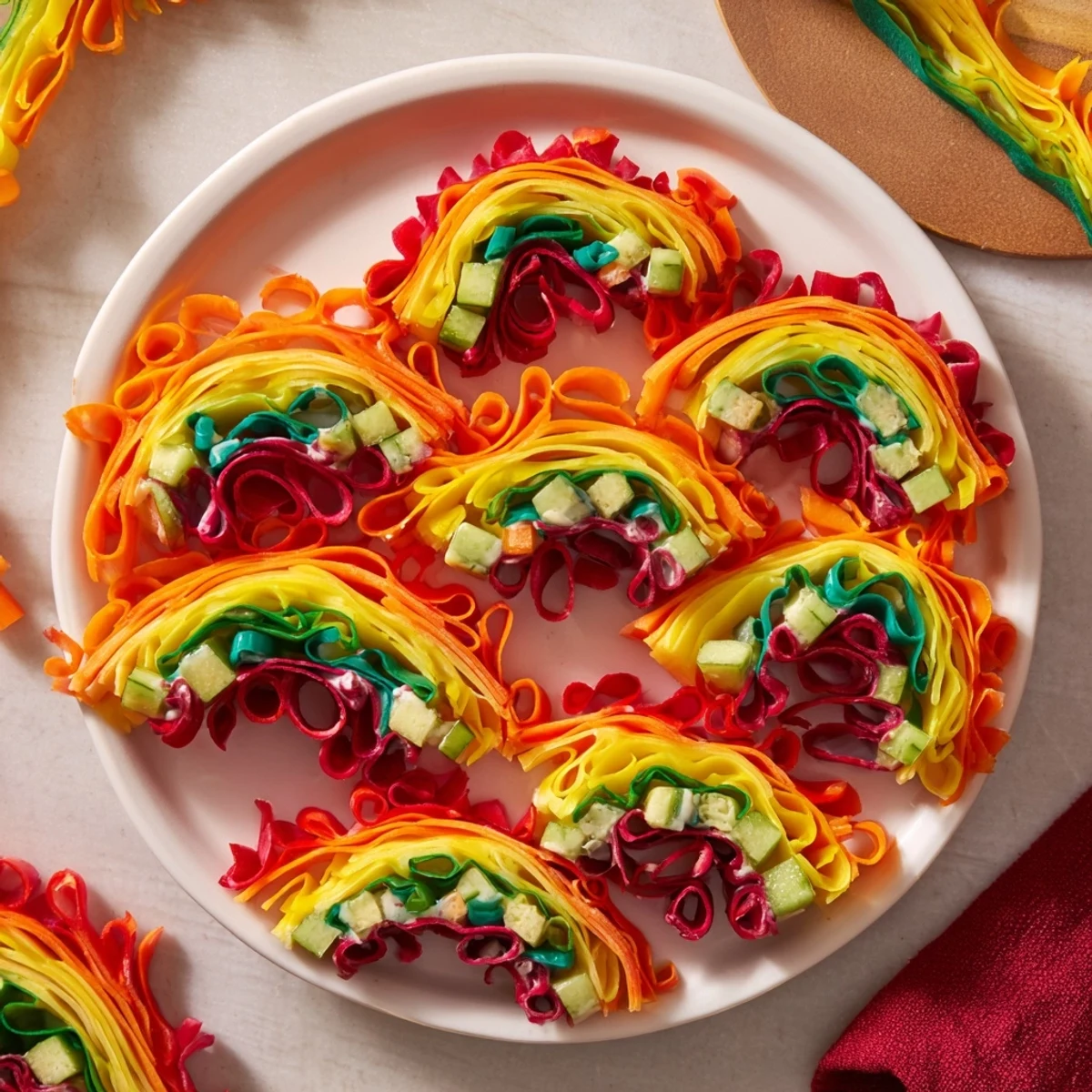 Close-up of Rainbow Veggie Christmas Lights Wrap Pinwheels showing colorful vegetable layers inside perfect pinwheel slices.