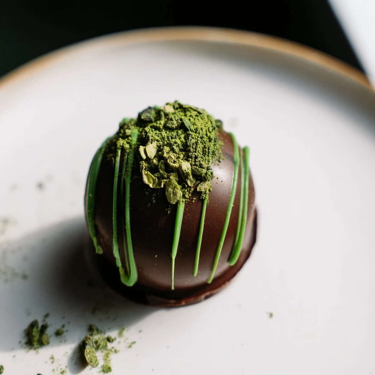 Vibrant green Matcha Dark Chocolate Peppermint Truffles, dusted with matcha, a beautiful dessert treat.