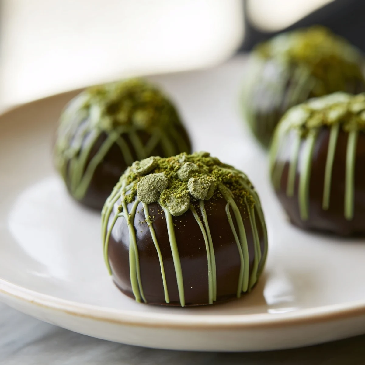 A rich close-up of Matcha Dark Chocolate Peppermint Truffles, showcasing a delicate mint garnish.