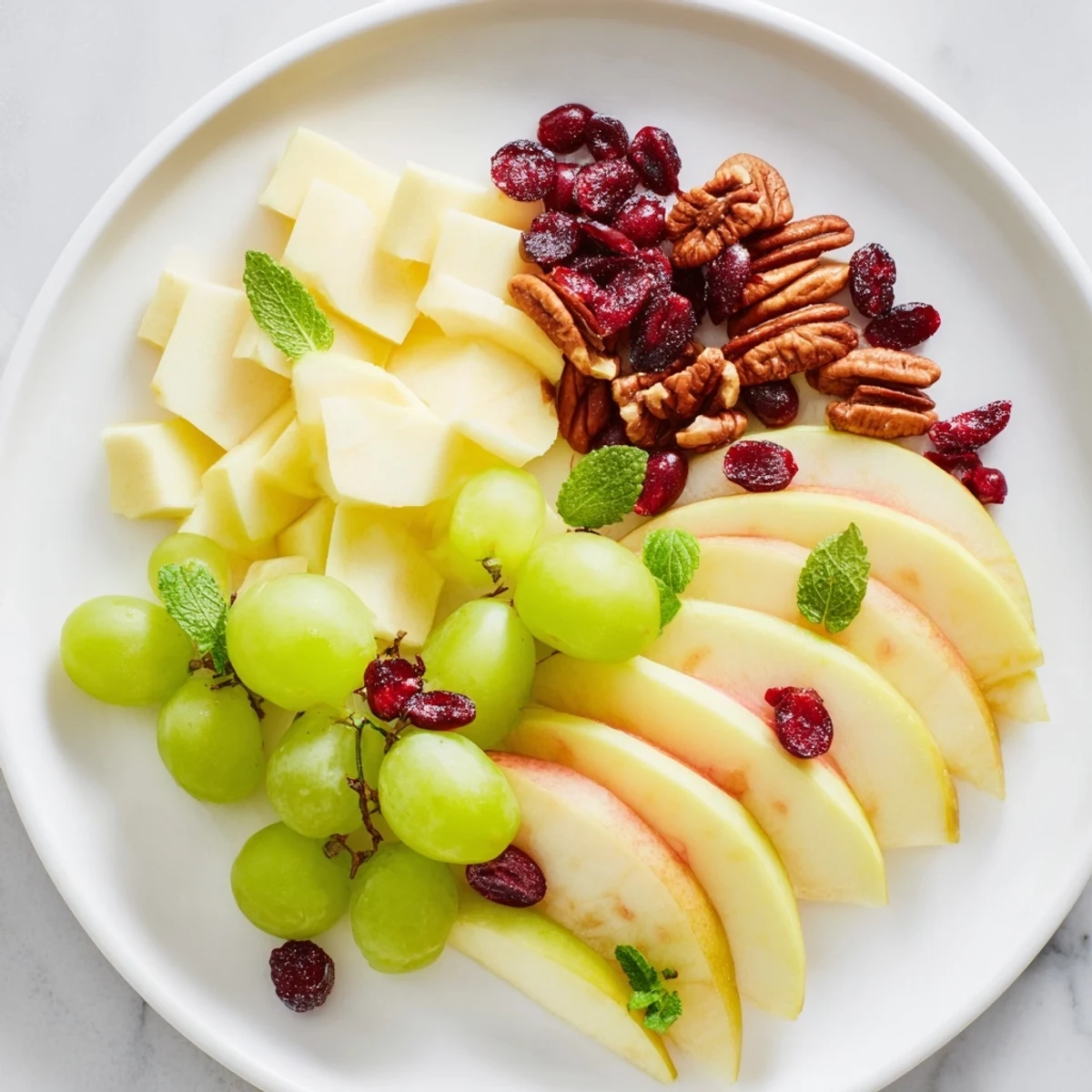 A beautifully arranged Apple Orchard Fruit Board with colorful fruits, nuts, and creamy cheddar cheese, perfect for sharing.