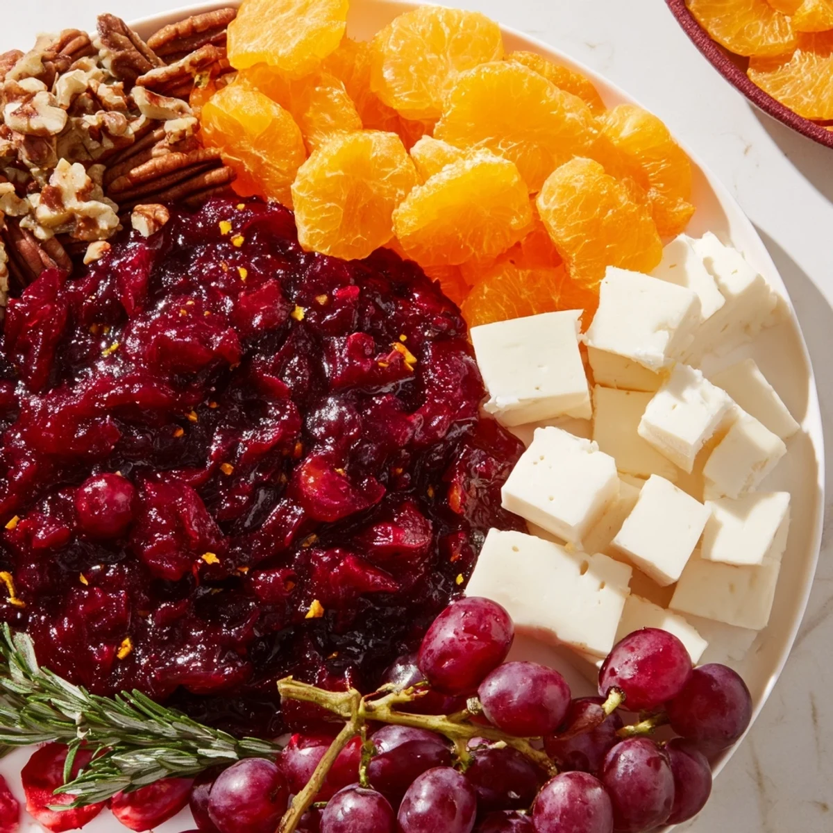 Festive cranberry wreath platter, featuring vibrant red sauce and creamy cheeses, perfect for any party.