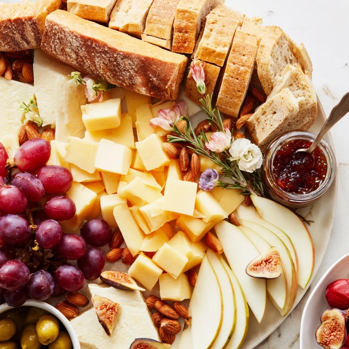Golden wheat bundle board overflowing with crackers, cheeses, fruits, and olives; ready to serve.