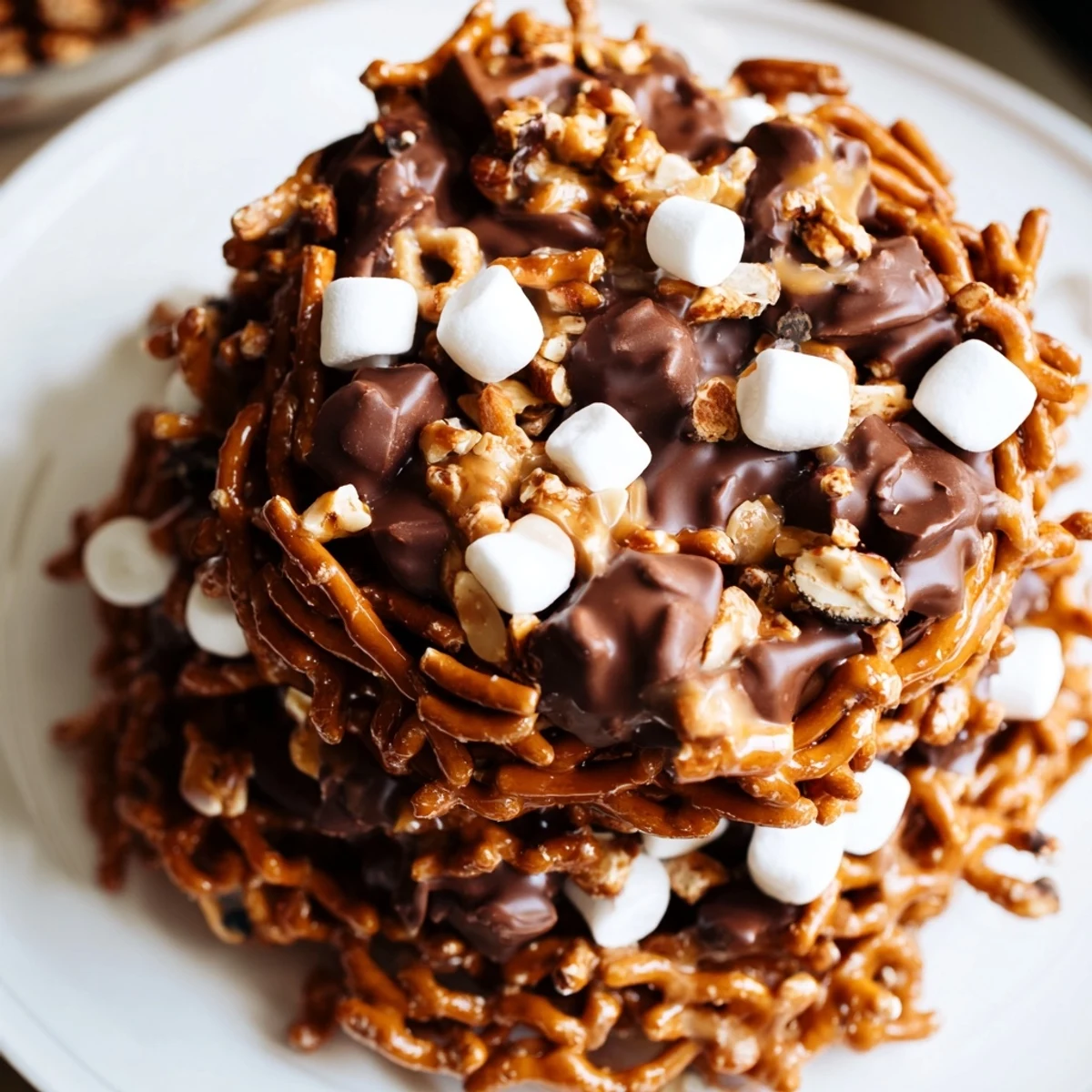 Image shows a tall, tempting haystack candy tower, a playful dessert ready to share.