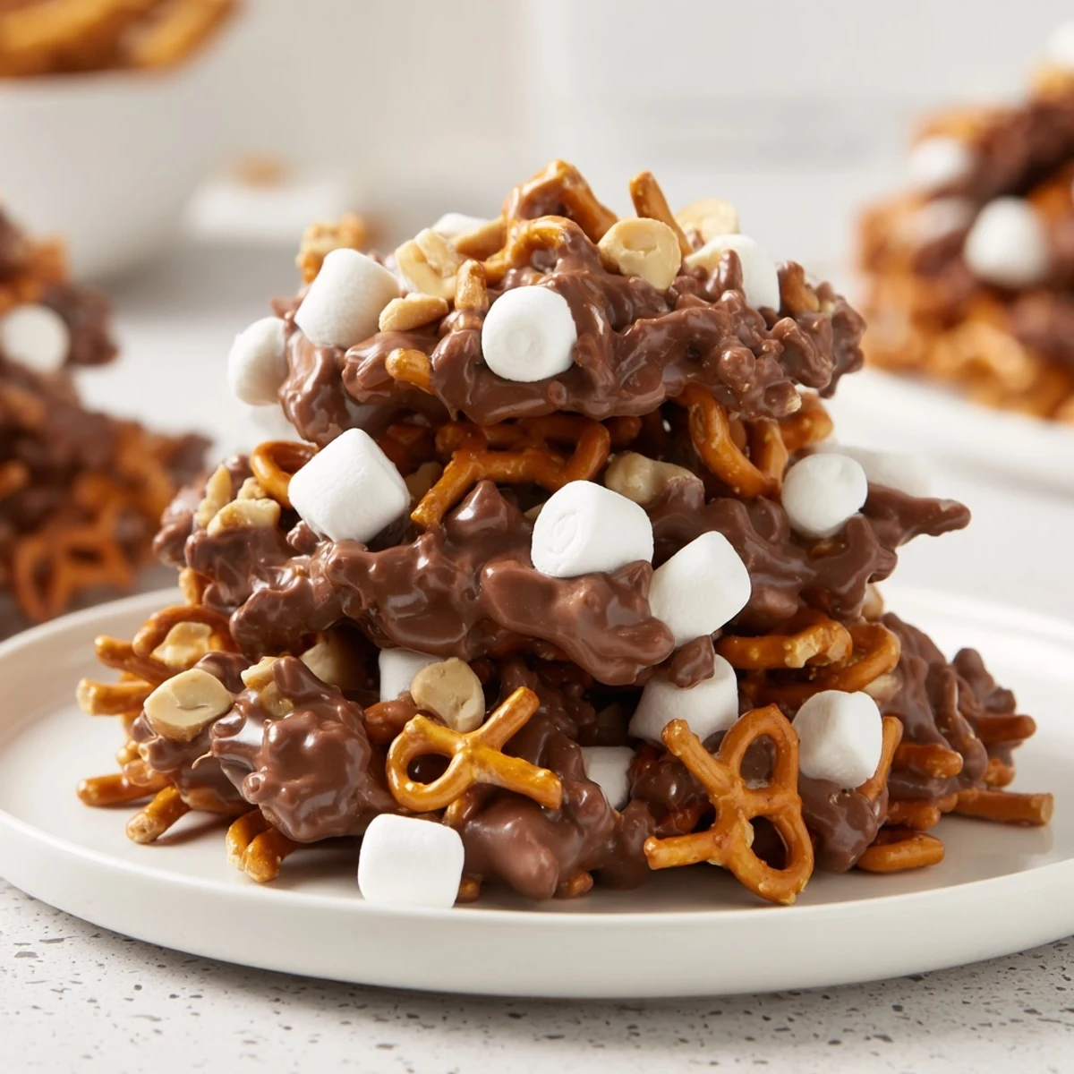 A delightful view of a layered haystack candy tower, a quick, no-bake American dessert offering treats.