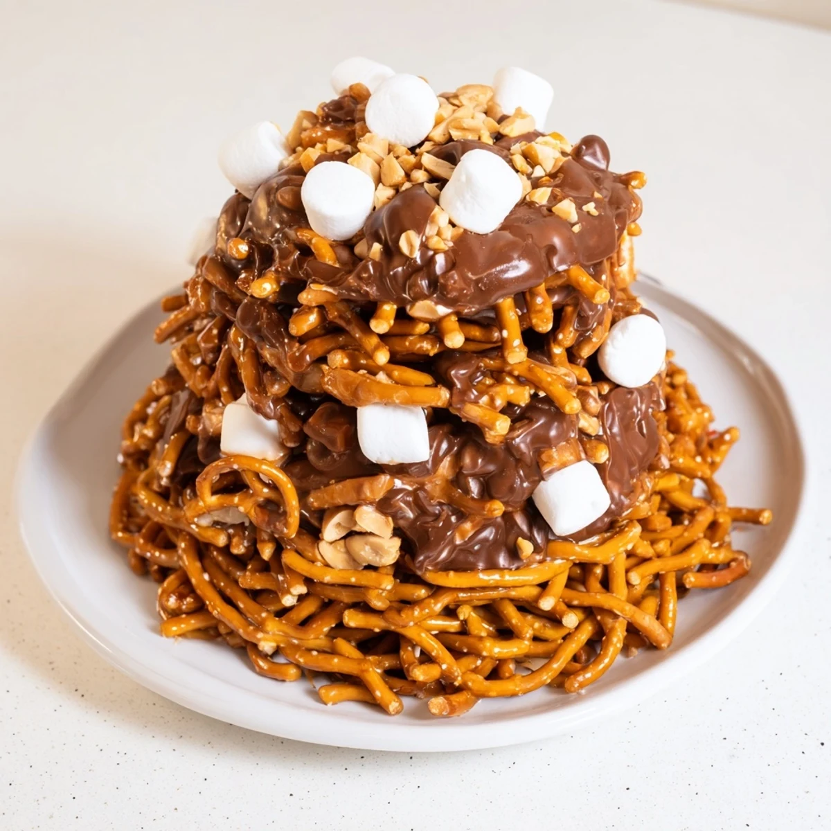 Golden-brown butterscotch-based haystack candy tower with crispy noodles, pretzel, and chocolate.