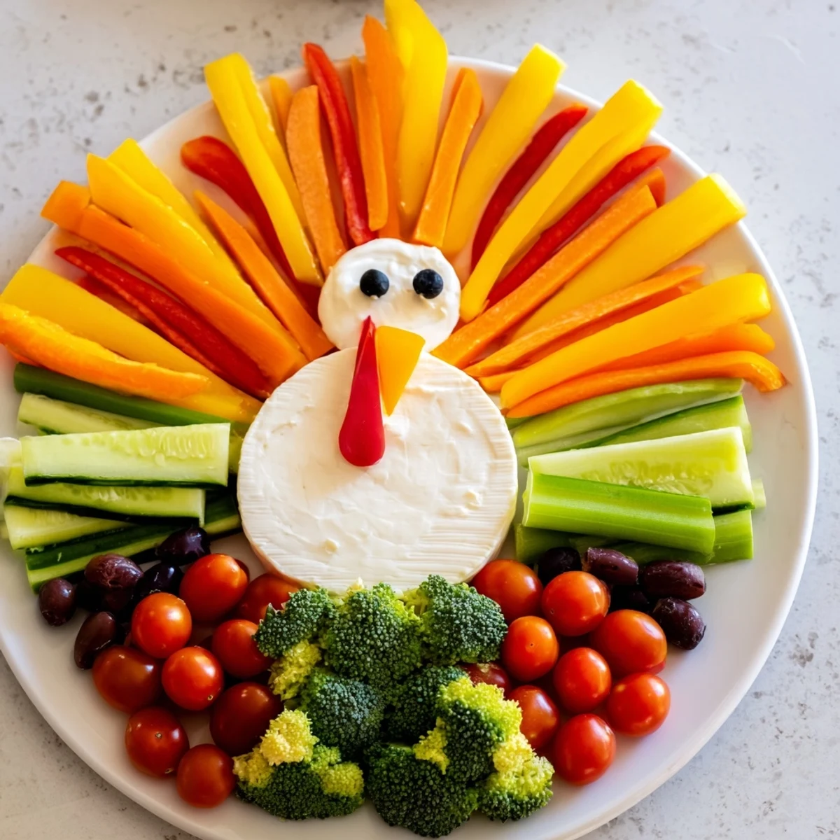 Vibrant turkey shaped appetizer tray with fresh veggies and cheese, perfect for a holiday party.