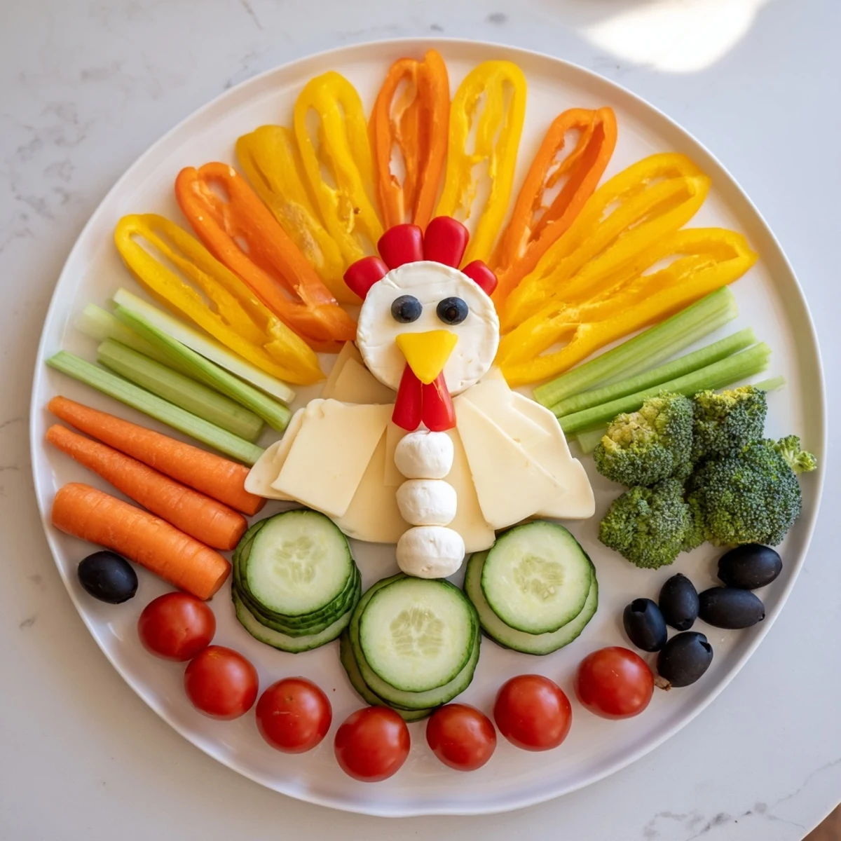A party-ready turkey shaped appetizer platter featuring diverse veggies and assorted crackers to enjoy.