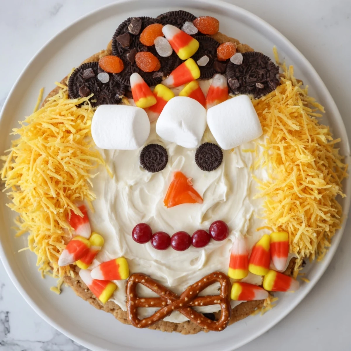 A festive Scarecrow Candy Platter with pretzel bow tie and a smiling licorice mouth.