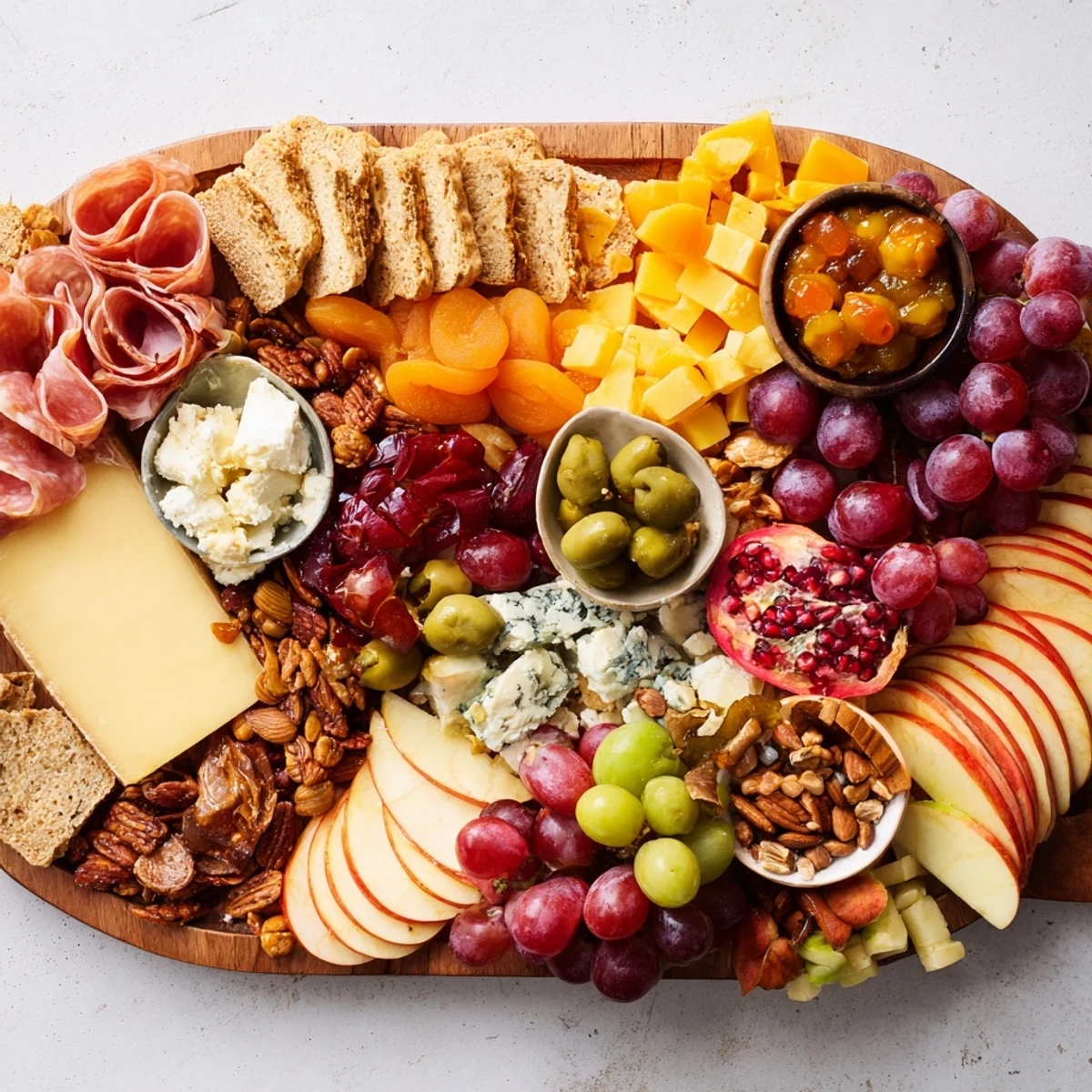 Close-up of a festive Cornucopia Harvest Board with colorful fruits, assorted cheeses, and savory crackers.