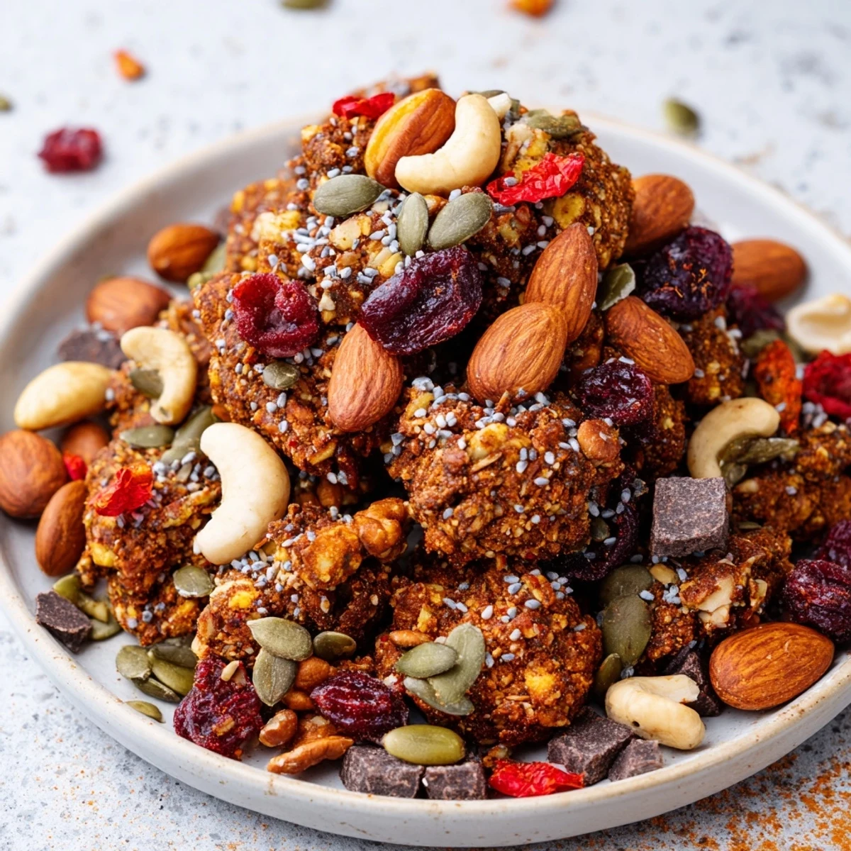 Close-up shot shows the delicious textures of an acorn & oak snack mix perfect for snacking.