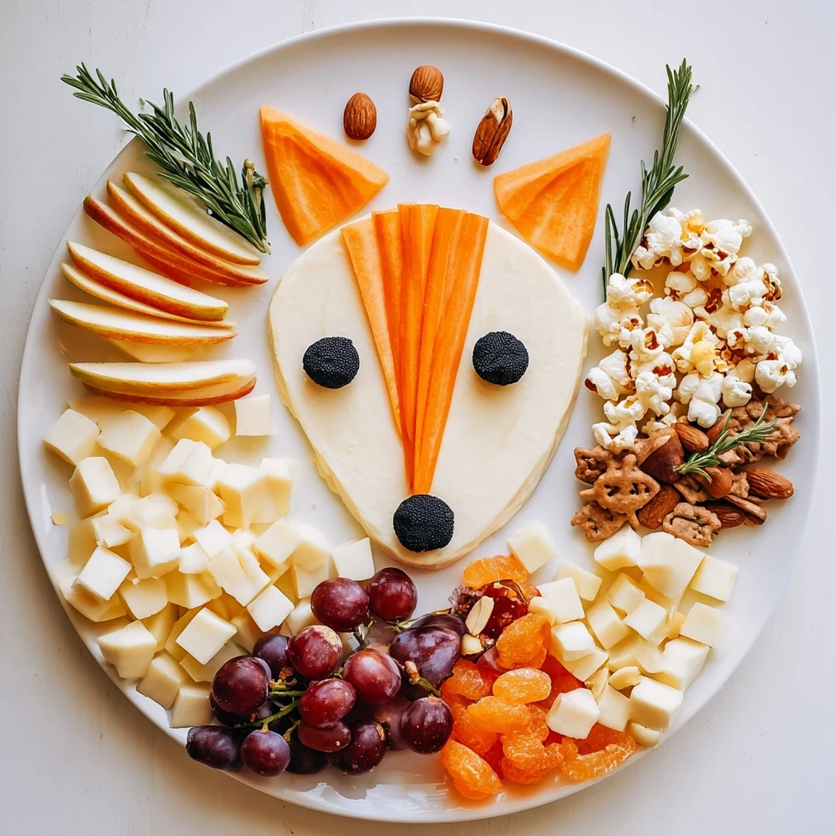 The bright and festive Whimsical Fox Fall Treat Board, with seasonal fruits and artful goat cheese fox face.