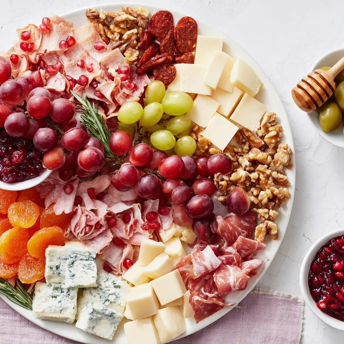 Appetizing Christmas 2025 Festive Grazing Board with brie, cured meats, and fruits, perfect for easy holiday entertaining.