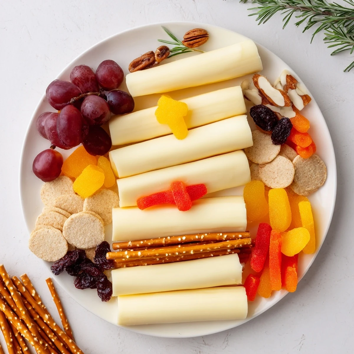 Flickering Fire Log Snack Board, a colorful appetizer with cheeses, fruits, and "flames" of gummy candies.