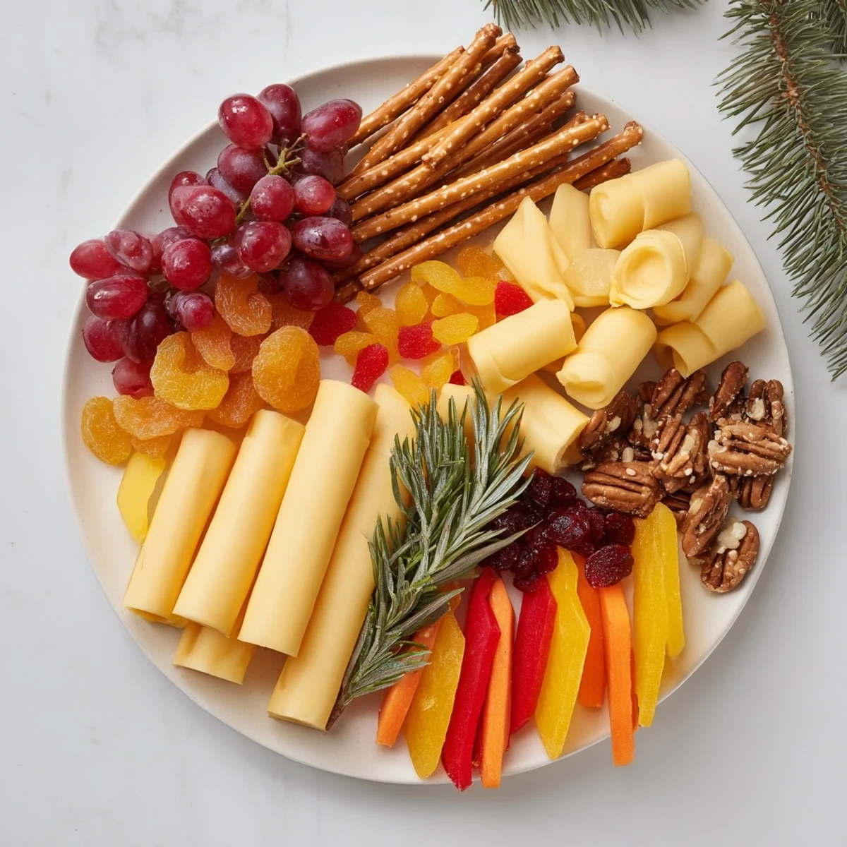 This inviting, edible Flickering Fire Log Snack Board features cheeses, grapes, and sweet-and-savory elements.