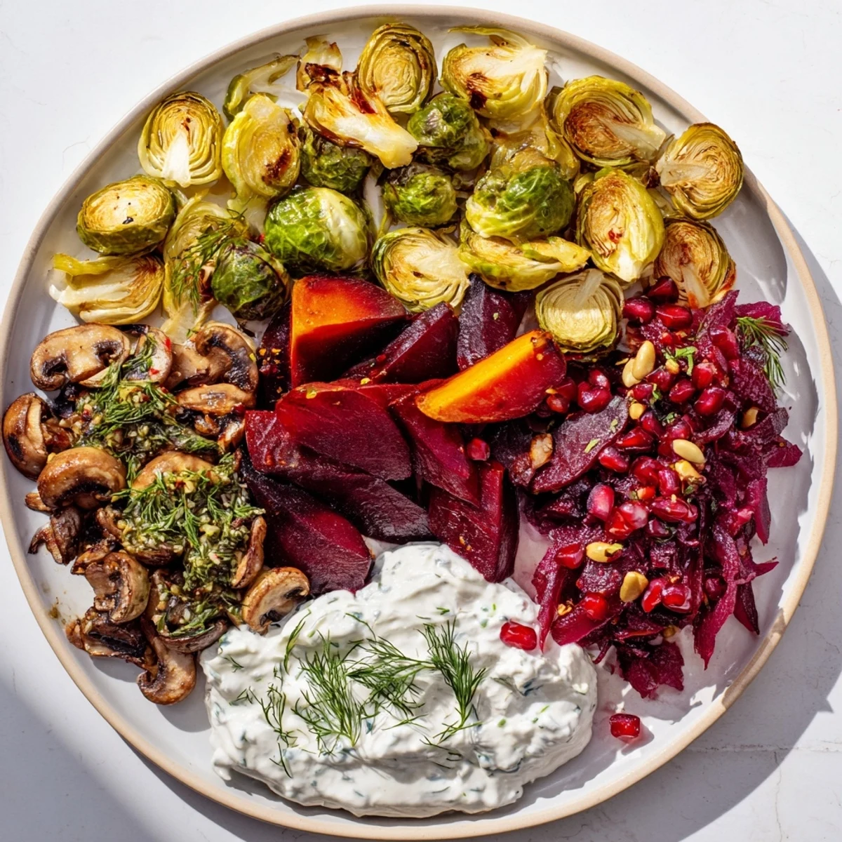 An inviting Pine Forest Winter Mezze Board, showcasing roasted vegetables and vibrant toppings for sharing.