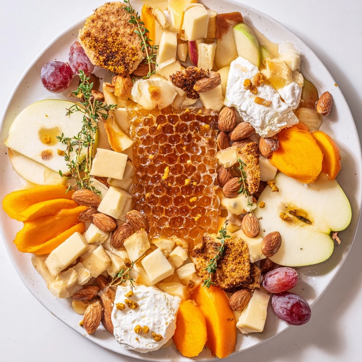 This vibrant Busy Bee Honeycomb Snack Plate features cheese, fruits, and honey, perfect for entertaining.