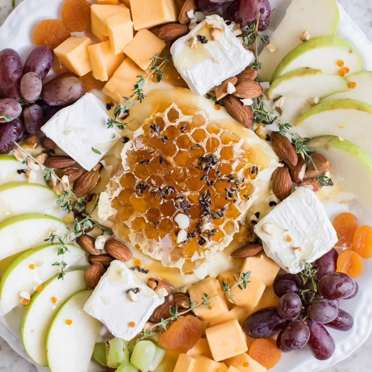 Golden honeycomb and cheese surround the Busy Bee Honeycomb Snack Plate, ideal for sharing.